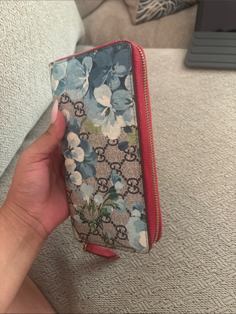 Gucci Floral GG Supreme Zip Around Wallet in Blue and Red Trim